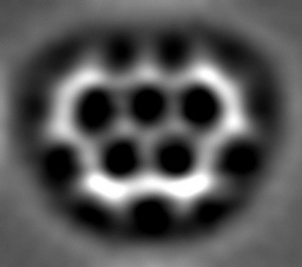 Imagen de Microscopía de Fuerza Atómica de la molécula de Olimpiceno resolviendo los átomos individuales y los enlaces químicos entre ellos. IBM Research - Zurich, University of Warwick, Royal Society of Chemistry. Publicado en Nature