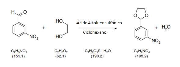 Acetalización catalizada por ácido de 3-nitrobenzaldehído con etanodiol hasta el correspondiente 1,3-dioxolano