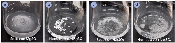 acetato de etilo con MgSO4 y Na2SO4 anhidros: a) MgSO4 seco (partículas muy finas), b) MgSO4 húmedo (grupos de hidratos), c) Na2SO4 seco (partículas pequeñas), d) Na2SO4 húmedo (grupos de hidratos).