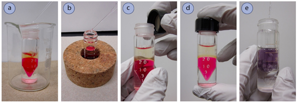 Figura 2: a) Añadiendo disolvente al vial cónico mediante una pipeta, y utilizando un vaso de precipitados para apoyar el vial, b) Apoyando el vial con un anillo de corcho, c+d) Colocando el tapón forrado de teflón en el vial, e) Mezclando manualmente las capas (utilizando un sistema diferente).