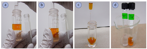 Figura 3: a+b) Extracción de la capa inferior, con pipeta en la punta del vial, c) Extracción de una gota residual de la capa inferior dejando que las capas se separen dentro de una pipeta Pasteur, d) Capas separadas.