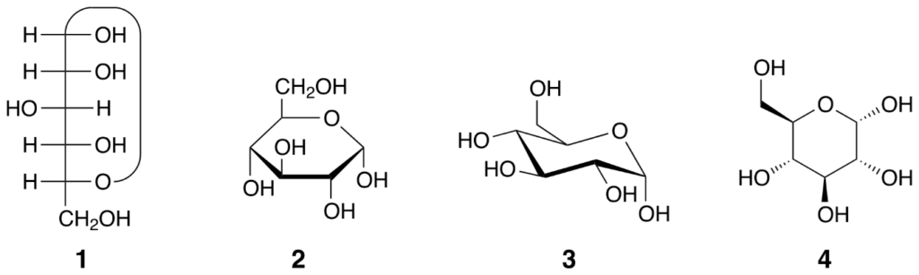 α-d-Glucopiranosa en (1) proyección Tollens/Fischer (2) proyección Haworth (3) conformación de silla (4) vista estereoquímica
