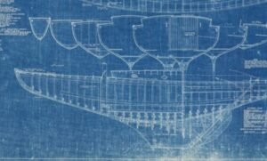 Plano de construcción de la clase S - la textura de fondo que se ve aquí es en realidad la trama del lino almidonado del dibujo original entintado; de la Colección Haffenreffer-Herreshoff del Museo MIT. Este tipo de planos, llamados en ingles blueprints eran copiados a través de cianotipia