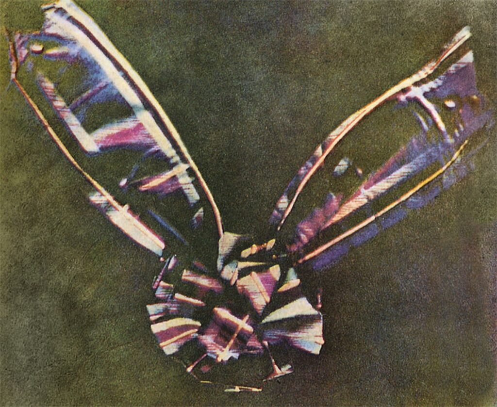 La primera fotografía en color realizada por el método de los tres colores sugerido por James Clerk Maxwell en 1855, tomada en 1861 por Thomas Sutton. El sujeto es una cinta de color, normalmente descrita como una cinta de tartán.