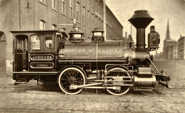 Locomotora Boston & Maine en la Baldwin Locomotive Works, woodburytipo por John Carbutt, 1871