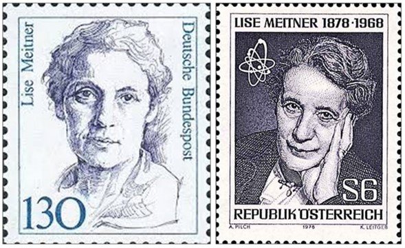 Sellos postales alemán (izq) y austriaco (der) en honor a Lise Meitner