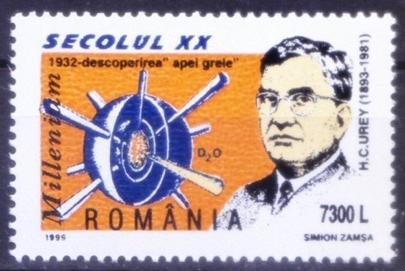 Sello postal de Rumania en honor al descubridor del agua pesada, Harold Urey