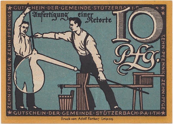 Sello postal donde se muestra la fabricación de una retorta. Alemania, 1921