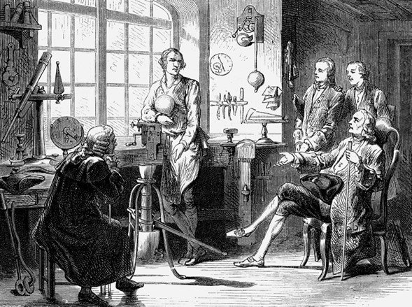 Joseph Black visitando a James Watt en su taller de la Universidad de Glasgow.