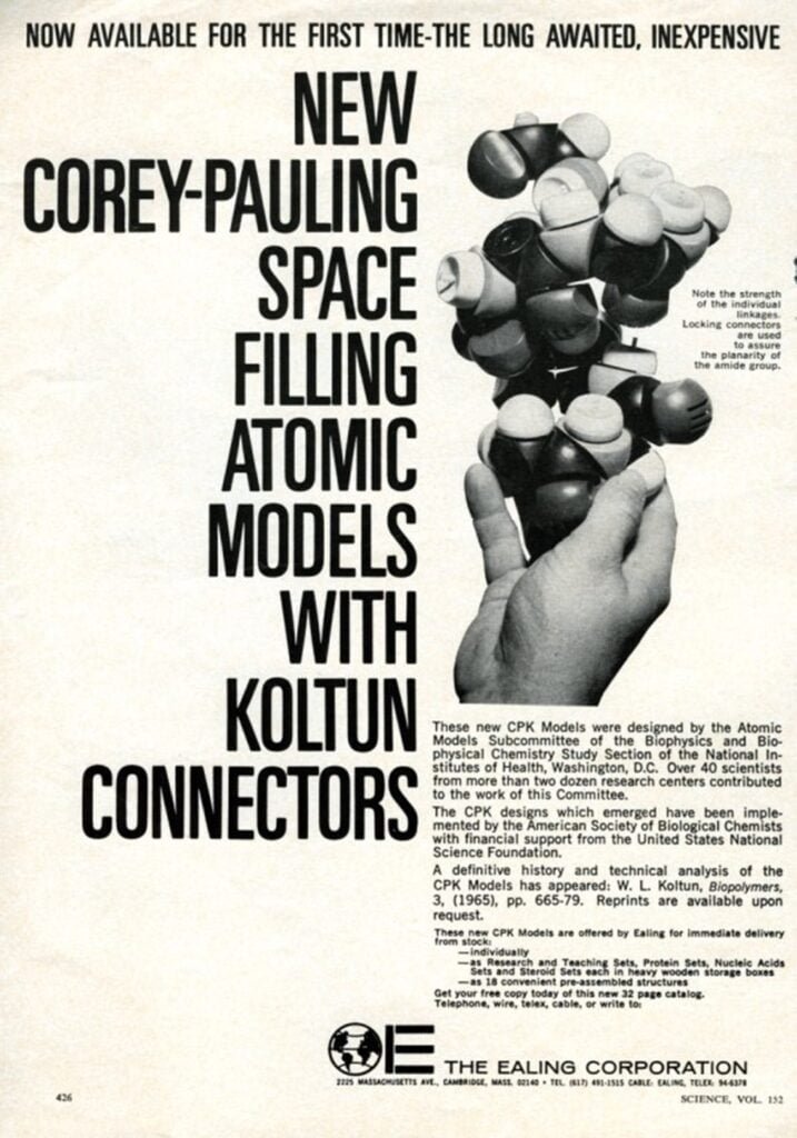 Anuncio que apareció en Chemical and Engineering News sobre los modelos con esquema de colores CPK