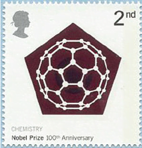 Sello postal en honor a los 100 años del premio Nobel. El diseño fue de Kroto y representa un fulereno.