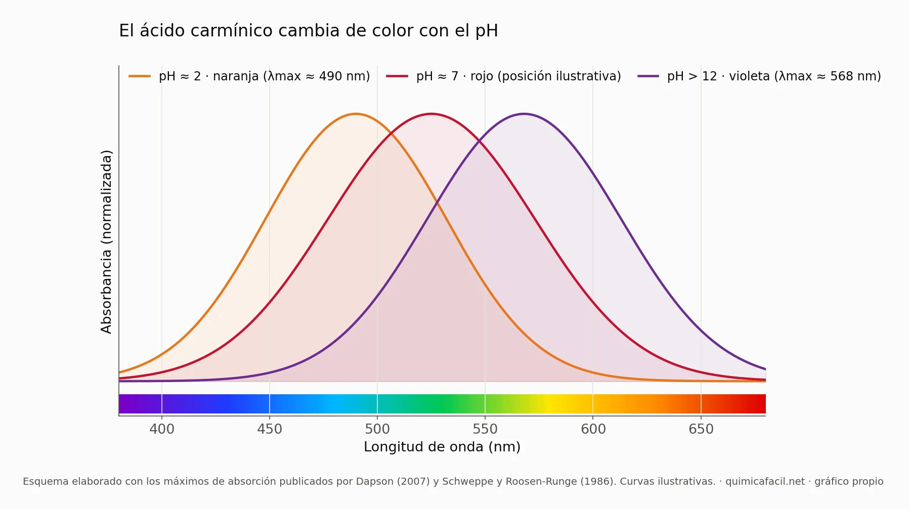 Desplazamiento del máximo de absorción del ácido carmínico de ≈ 490 nm (ácido) a ≈ 568 nm (alcalino)