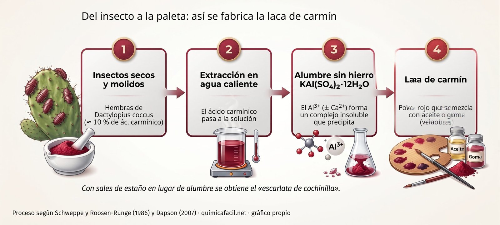 Infografía del proceso de fabricación del pigmento carmín a partir de la cochinilla
