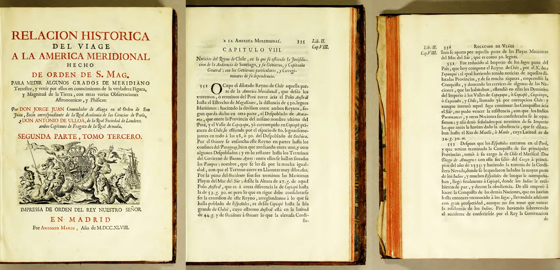 Portada de la segunda parte (tomo III) de la Relación histórica del viage a la América Meridional de Jorge Juan y Antonio de Ulloa (Madrid, 1748)