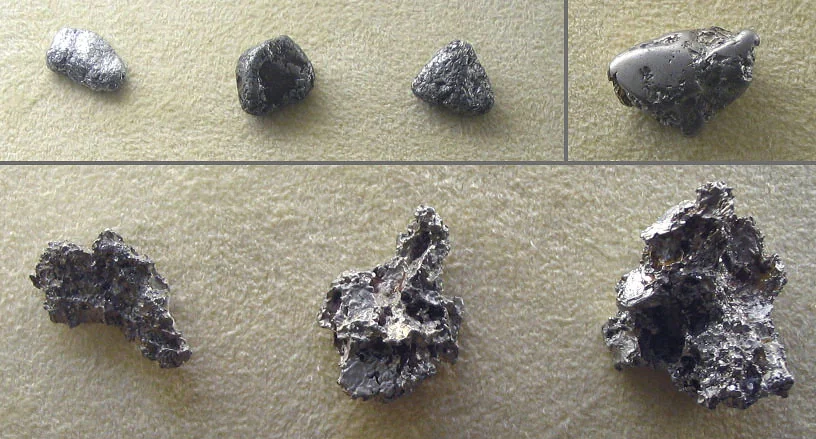 Pepitas de platino nativo. Así aparecía el metal en los lavaderos: en granos mezclados con las arenas auríferas
