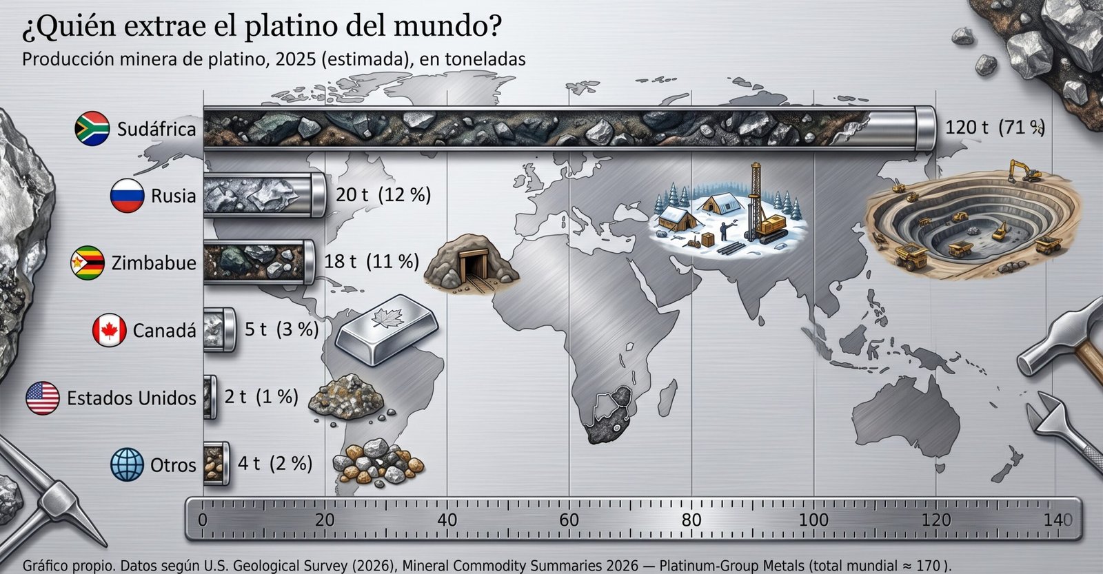 Producción minera de platino por país, estimación para 2025. Gráfico propio, datos según USGS (2026)