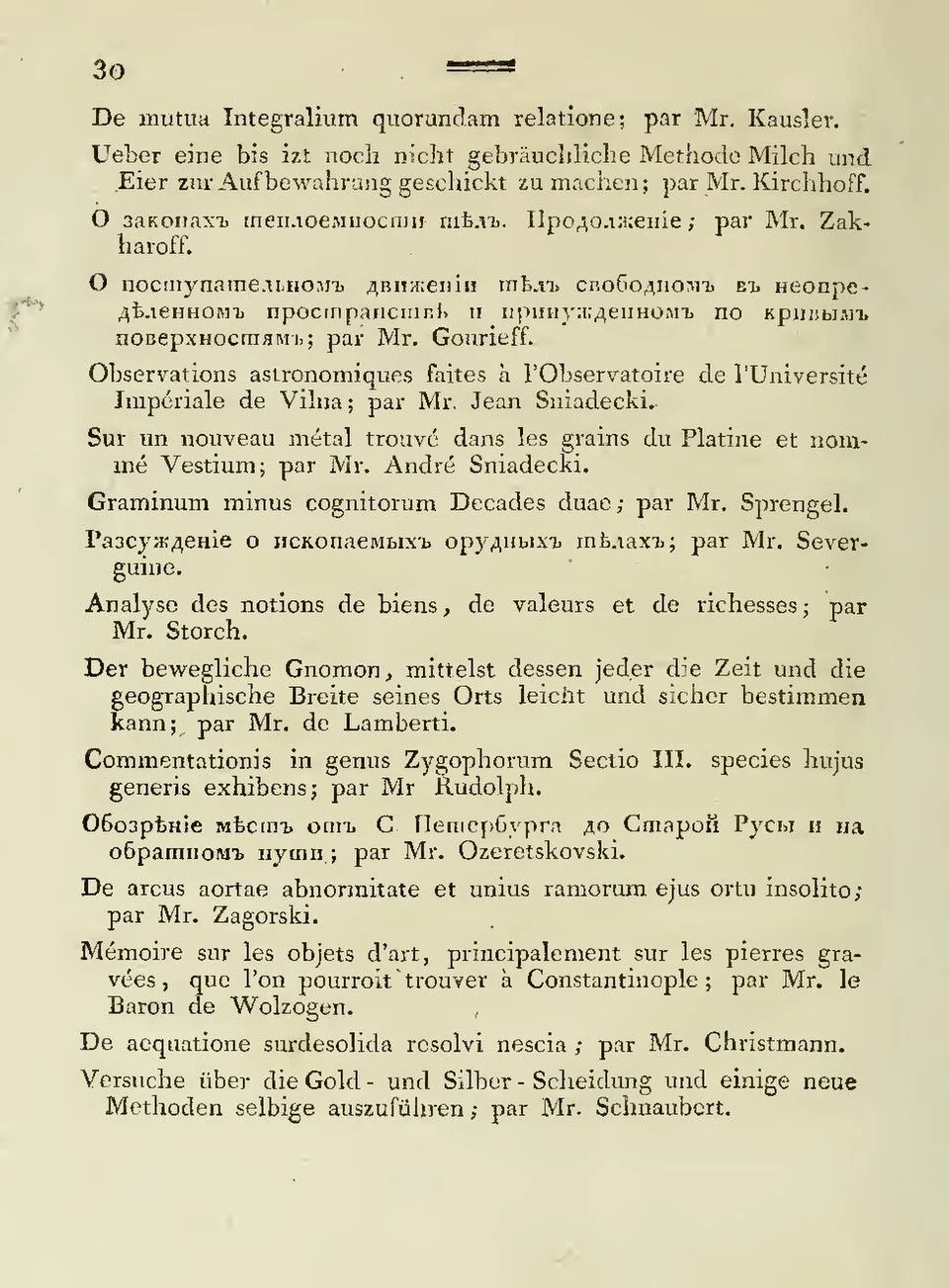 Mémoires de l'Académie impériale des sciences de St. Pétersbourg, tomo 2 (1810), p. 30. En la lista de memorias presentadas figuran las observaciones astronómicas de Jan Śniadecki y, justo debajo, «Sur un nouveau métal trouvé dans les grains du Platine et nommé Vestium; par Mr. André Sniadecki»