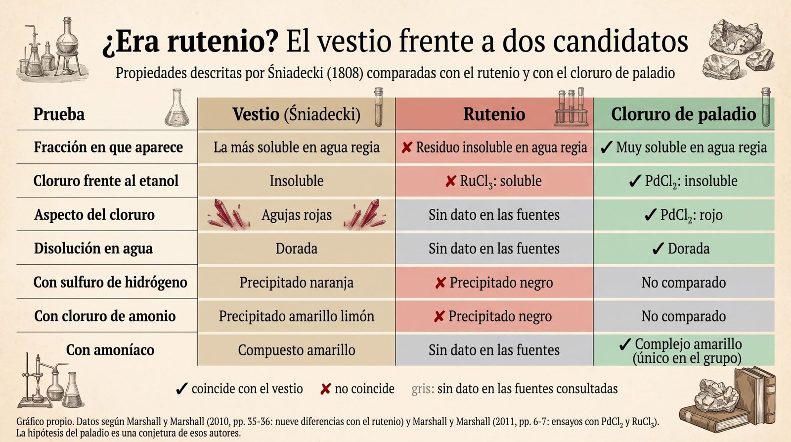 El vestio frente al rutenio y al cloruro de paladio. Gráfico propio según Marshall y Marshall (2010, 2011)